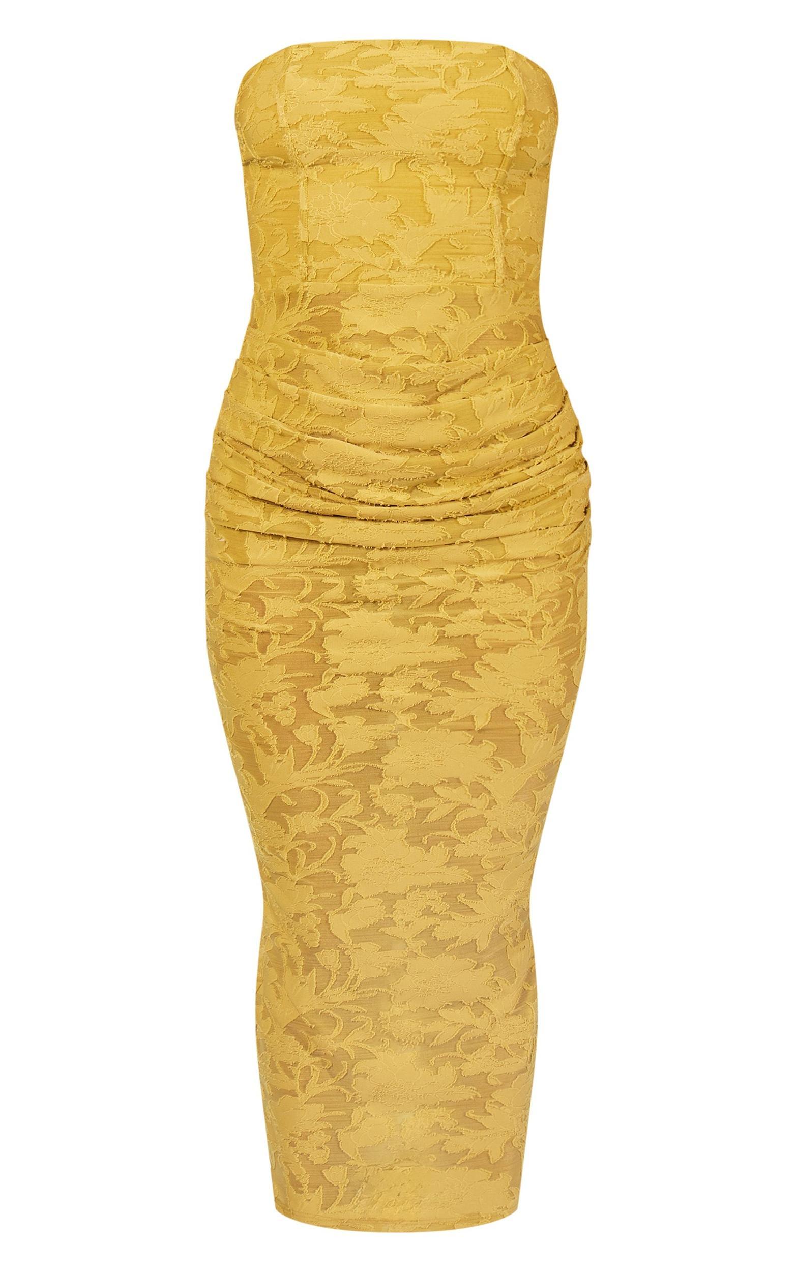 Lime Green Floral Sheer Burnout Ruched Bandeau Midaxi Dress Product Image