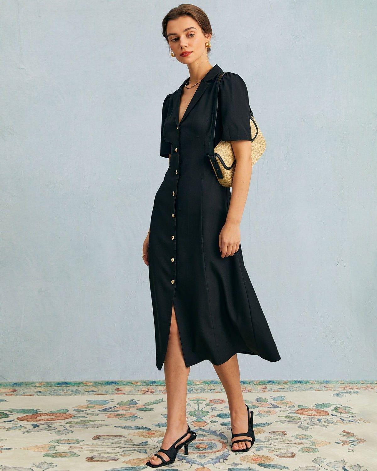 The Black V Neck Button Puff Sleeve Midi Dress Product Image