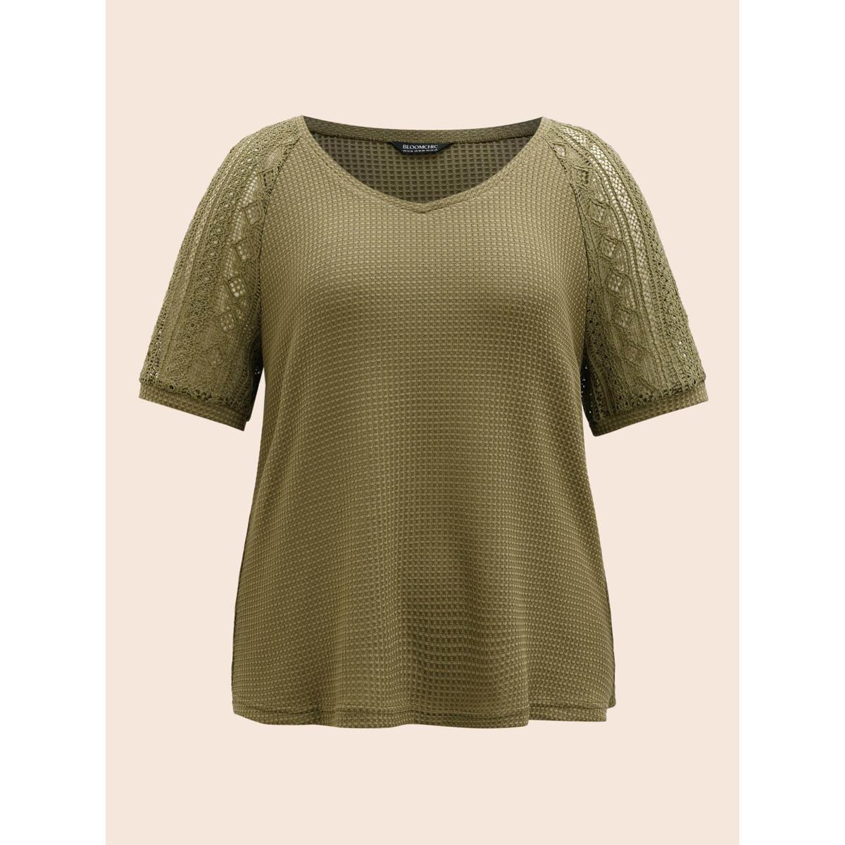 Plus Size V Neck Waffle Knit Crochet Lace T-shirt Olive Women Casual Texture V-neck Everyday T-shirts BloomChic 18-20/2X Product Image