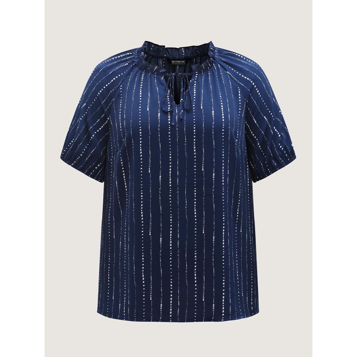 Plus Size DarkBlue Textured Notched Collar Tie Puffy Blouse Women Short sleeve Notched collar Work Blouses BloomChic 12/L Product Image