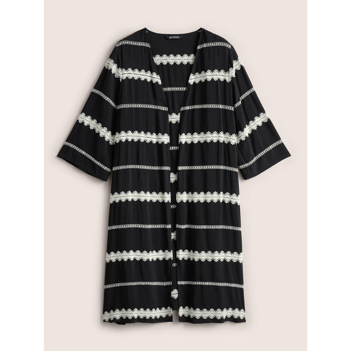 Plus Size Striped Embroidered Patchwork Kimono Women Black Resort Contrast Vacation Kimonos BloomChic 18-20/2X Product Image