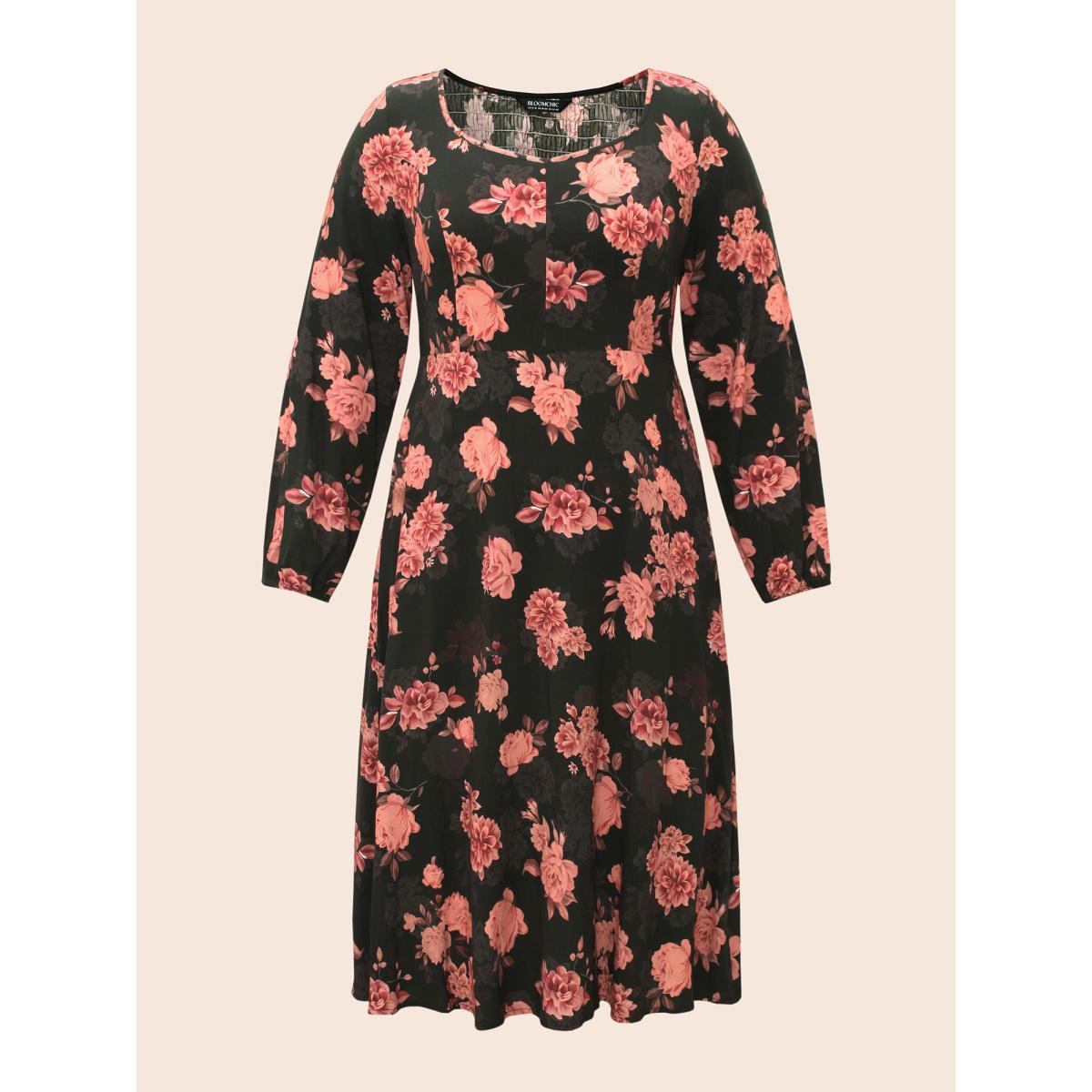 Plus Size Floral Lantern Sleeve Shirred Pocket Dress Black Women Elegant Shirred Boat Neck Long Sleeve Curvy BloomChic 14-16/1X Product Image