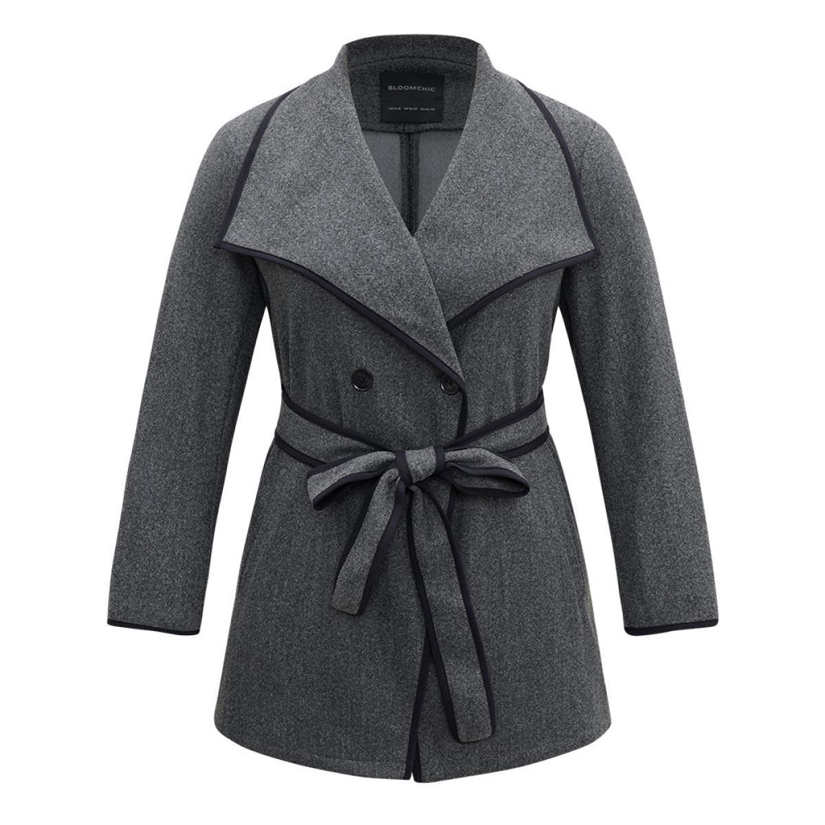 Plus Size Lapel Collar Contrast Trim Belted Button Up Coat Women DimGray Casual Belted Ladies Dailywear Winter Coats BloomChic 12/L Product Image