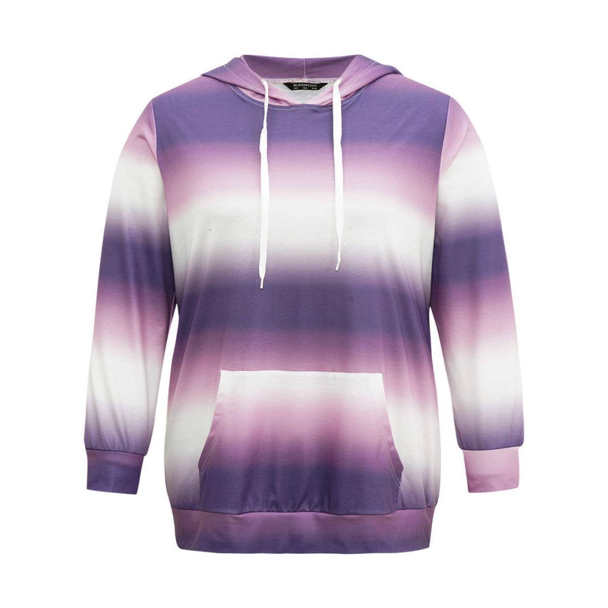 Plus Size Ombre Striped Kangaroo Pocket Hooded Sweatshirt Women Lilac Elegant Printed Hooded Dailywear Sweatshirts BloomChic 30/6X Product Image