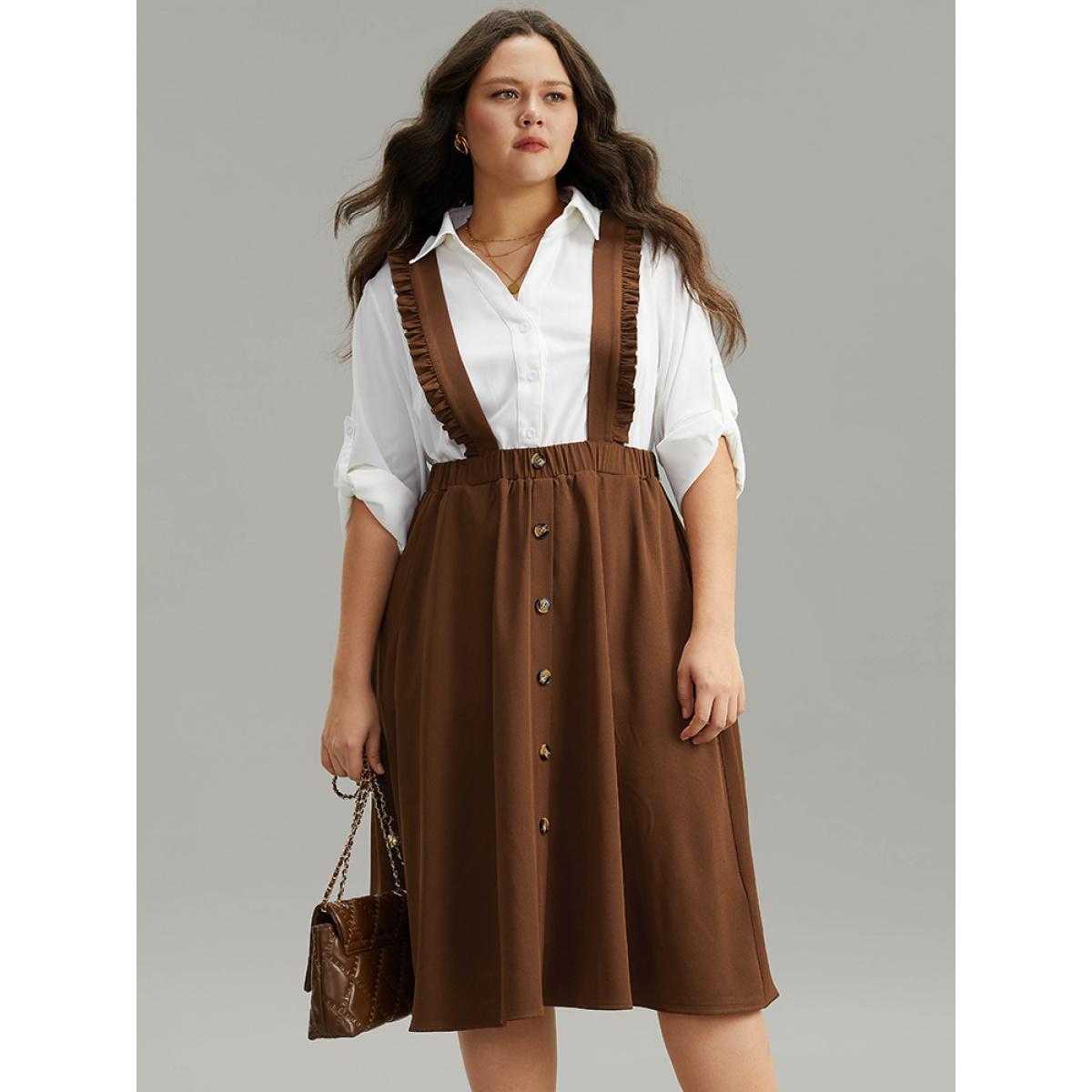 Plus Size Elastic Waist Button Detail Frill Trim Overall Skirt Women Rust At the Office Plain No stretch Pocket Work Skirts BloomChic 14-16/1X Product Image