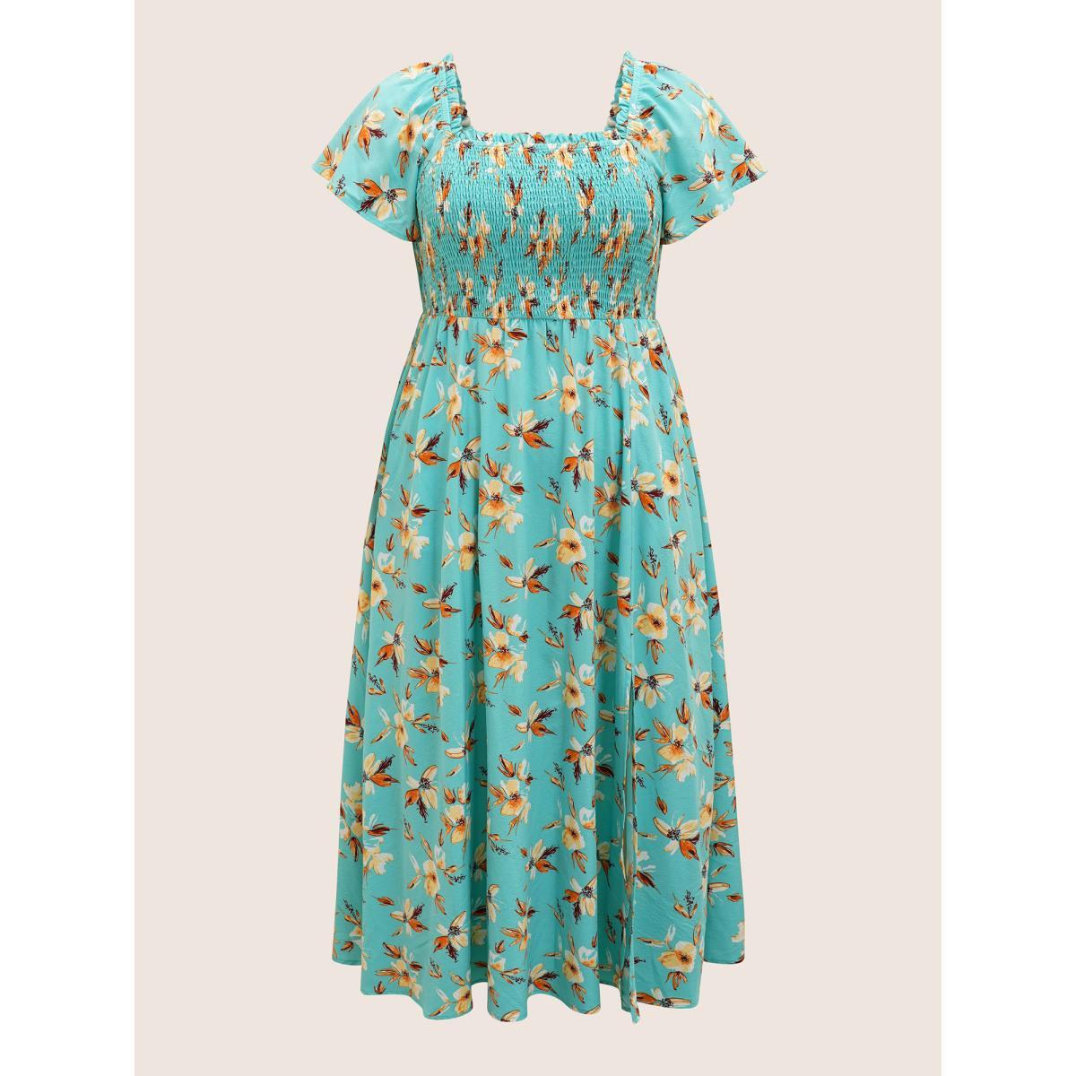 Plus Size Floral Shirred Elastic Waist Split Hem Dress Turquoise Women Elegant Frill Trim Square Neck Short sleeve Curvy BloomChic 14-16/1X Product Image