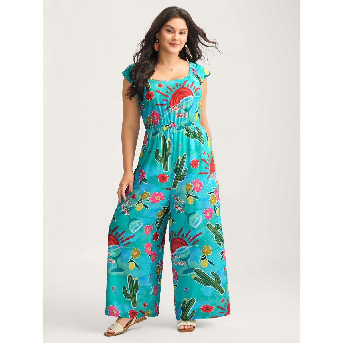 Plus Size Emerald Cactus Holiday Print Cut-Out Back Jumpsuit Women Cap Sleeve Square Neck Vacation Loose Jumpsuits BloomChic 10/M Product Image