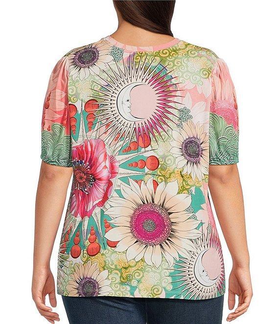 JOHNNY WAS Plus Size The Janie Favorite Emily Abstract Floral Print V-Neck Short Puff Sleeve Knit Tee Product Image