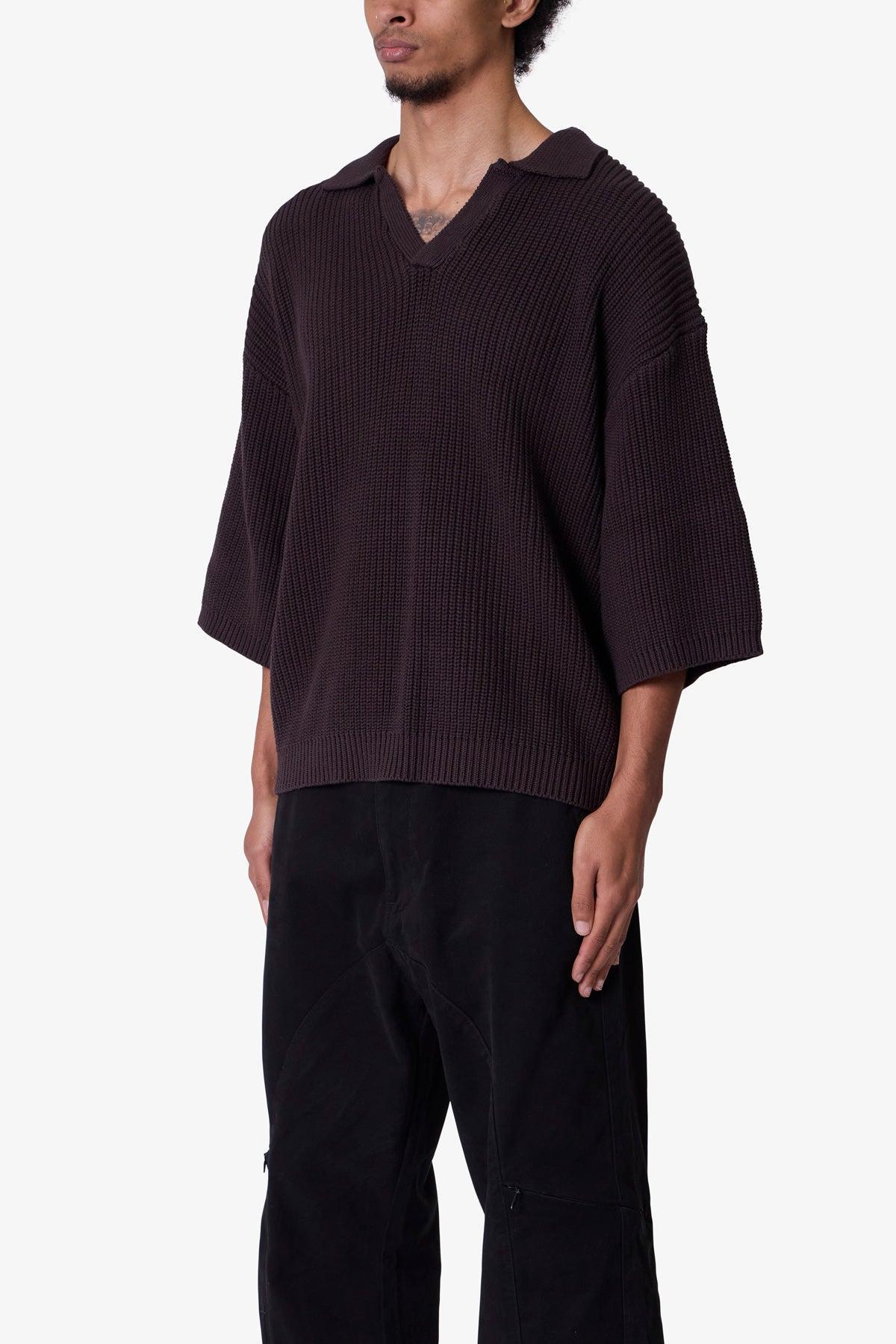 Knitted Ribbed Polo Shirt - Brown Product Image