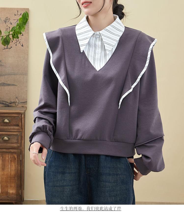 Collared Mock Two-Piece Striped Panel Pullover Product Image