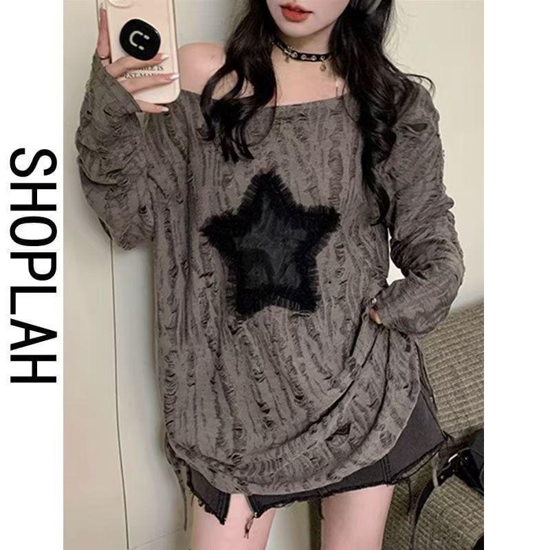 Long Sleeve One Shoulder Star Applique Distressed Drawstring Top Product Image