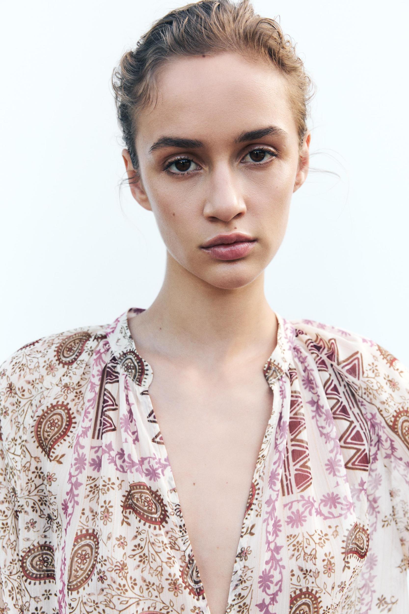 PATCHWORK PRINT SEMI-SHEER BLOUSE Product Image