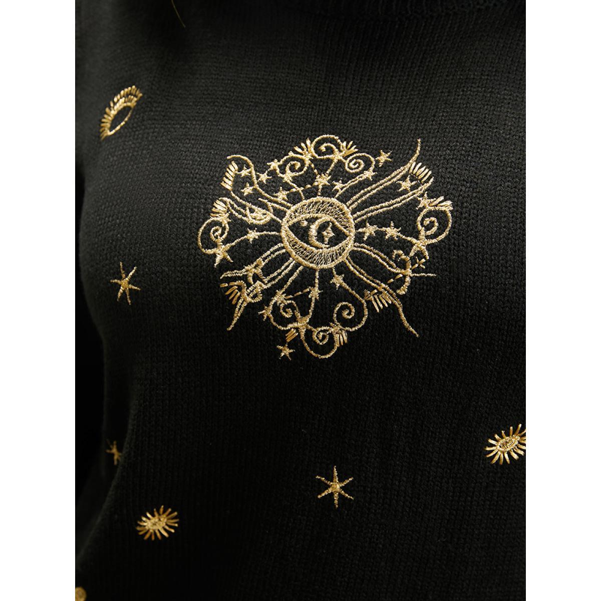 Plus Size Halloween Moon And Star Pointelle Knit Embroidered Knit Top Black Women Casual Loose Long Sleeve Round Neck Festival-Halloween Pullovers BloomChic 28/5X Product Image