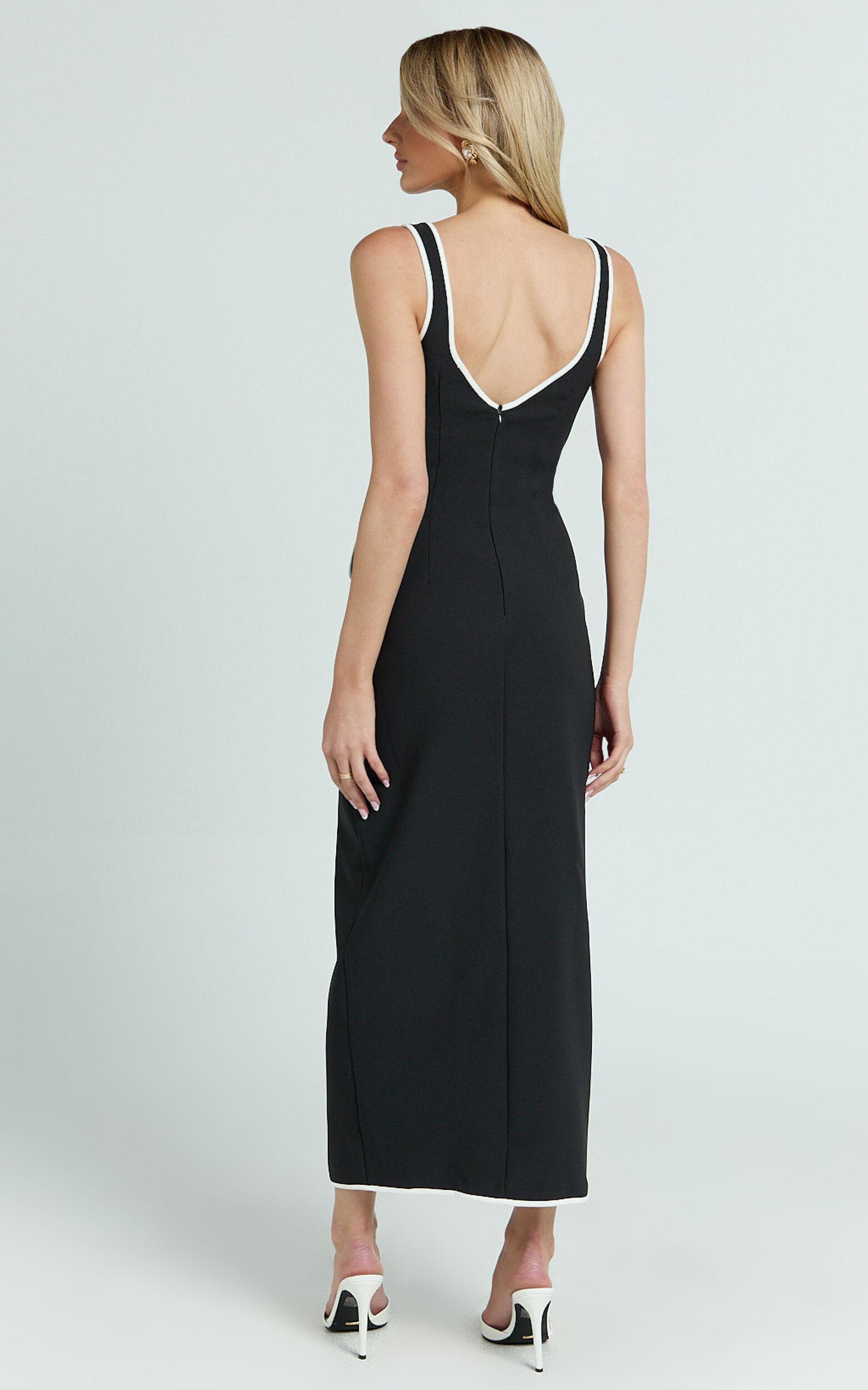 Xyra Midi Dress - Square Neck Contrast Bind Fitted Dress in Black Product Image