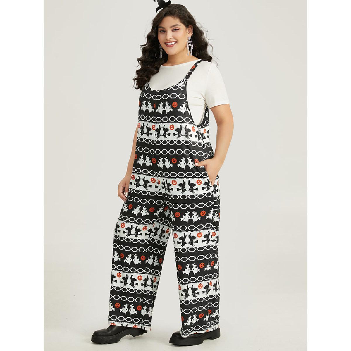 Plus Size Black Halloween Witch & Pumpkin Pattern Striped Jumpsuit Women Casual Sleeveless Spaghetti Strap Festival-Halloween Loose Jumpsuits BloomChic 18-20/2X Product Image