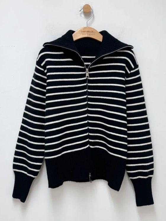 Long Sleeve Stand Collar Striped Zip-Up Cardigan Product Image