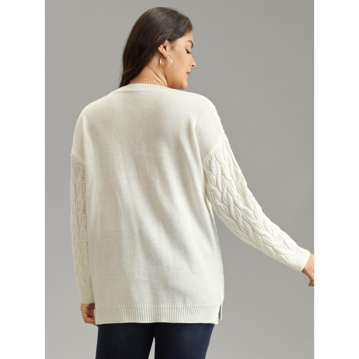 Plus Size Plain V Neck Cable Knit Split Side Pullover Ivory Women Casual Loose Long Sleeve V-neck Dailywear Pullovers BloomChic 30/6X Product Image