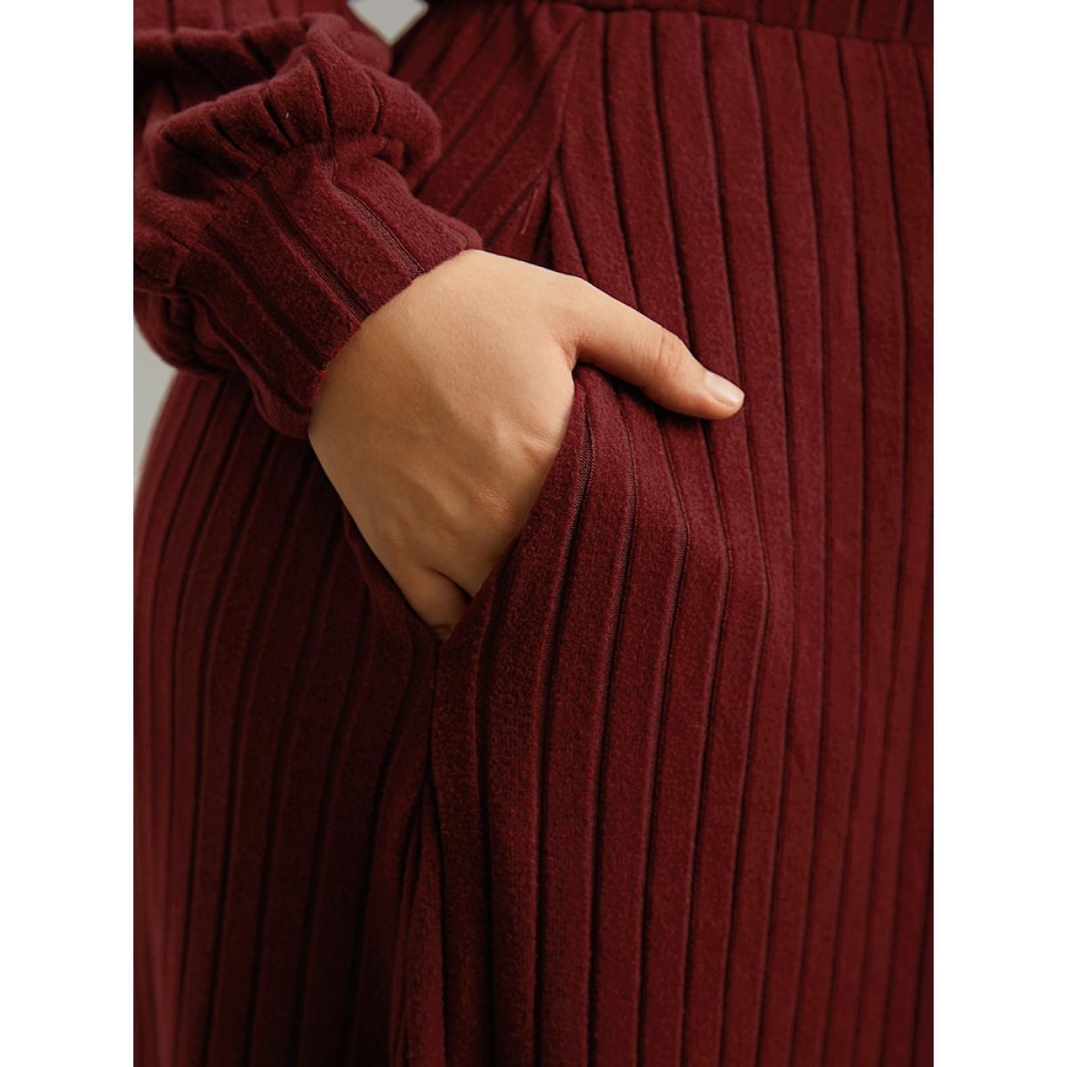Plus Size Solid Rib Knit Pocket Elastic Waist Dress Scarlet Women Casual Texture V-neck Long Sleeve Curvy Midi Dress BloomChic 28/5X Product Image