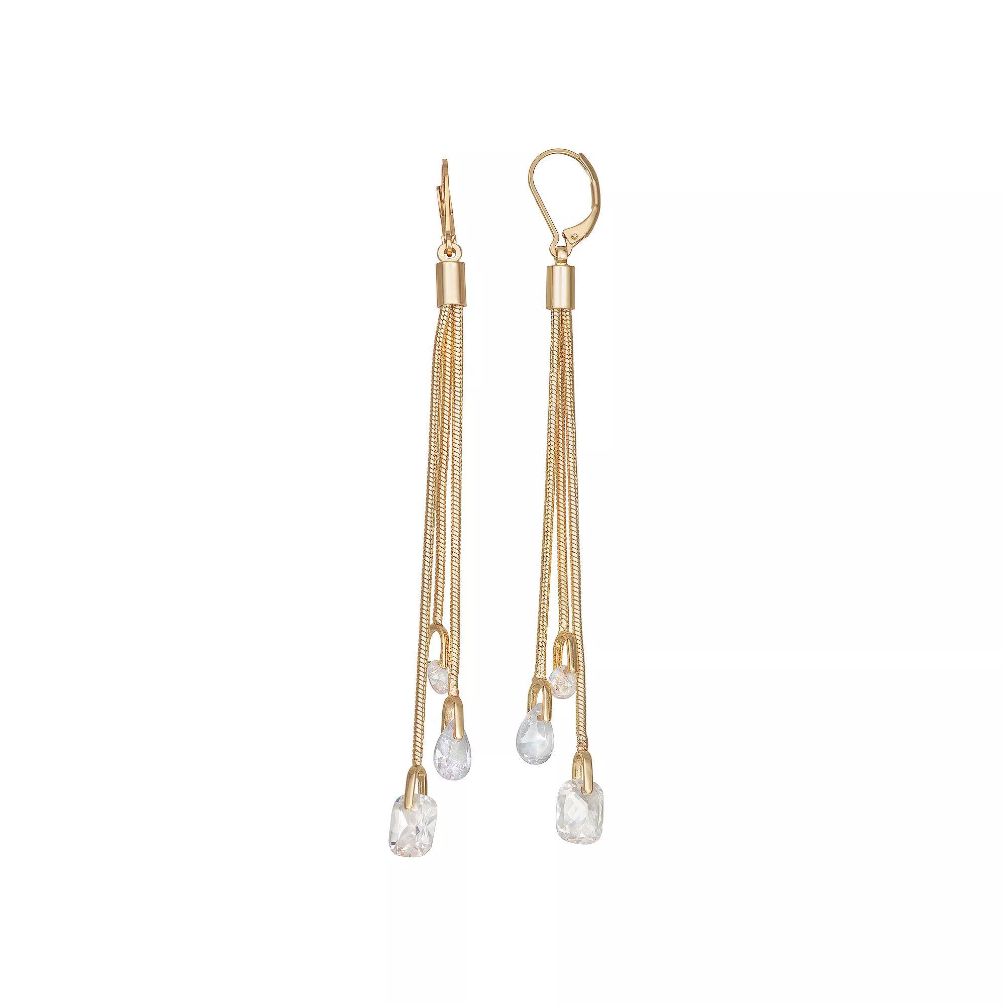 Nine West Gold Tone Crystal Tassel Linear Leverback Earrings, Womens Product Image