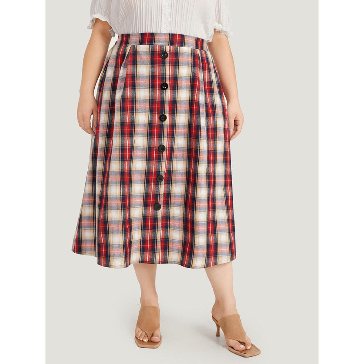 Plus Size Plaid Wideband Waist Pleated Button Detail Skirt Women Raspberry Office Button Loose No stretch Pocket Work Skirts BloomChic 12/L Product Image