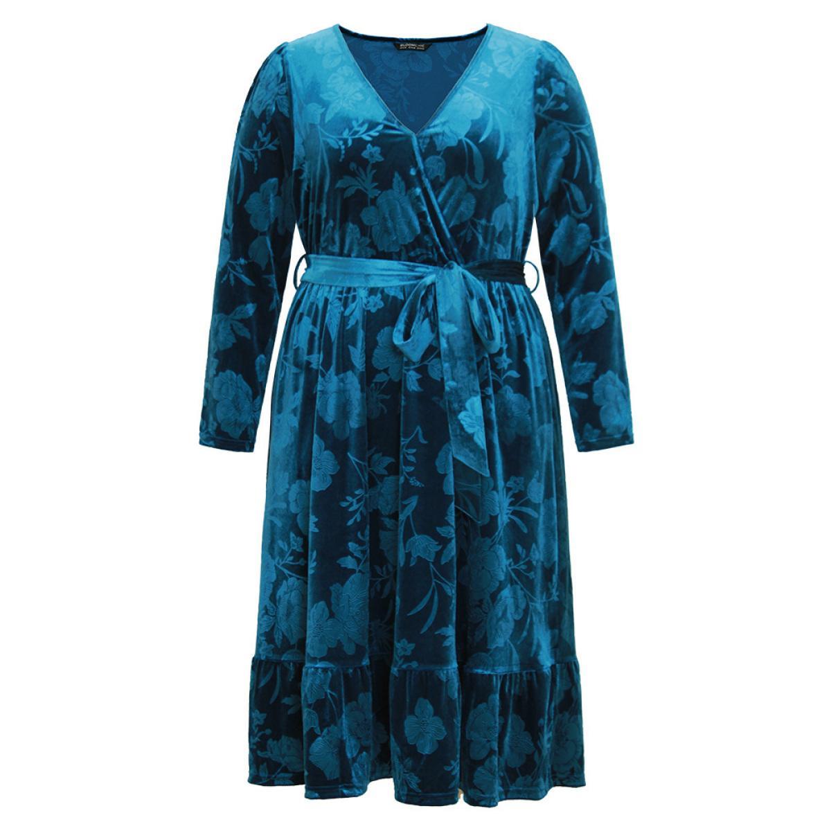 Plus Size Velvet Silhouette Floral Print Belted Wrap Dress Blue Women Party Wrap Overlap Collar Long Sleeve Curvy Midi Dress BloomChic 12/L Product Image