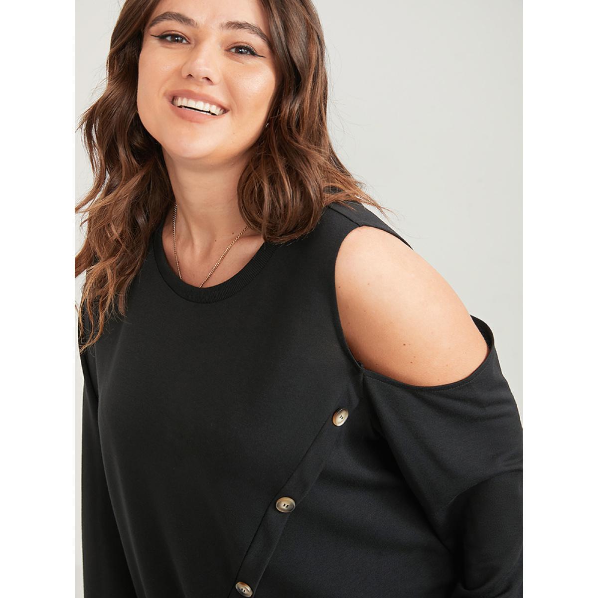 Plus Size Solid Button Detail Cut Out Sweatshirt Women Black Casual Button Round Neck Dailywear Sweatshirts BloomChic 28/5X Product Image