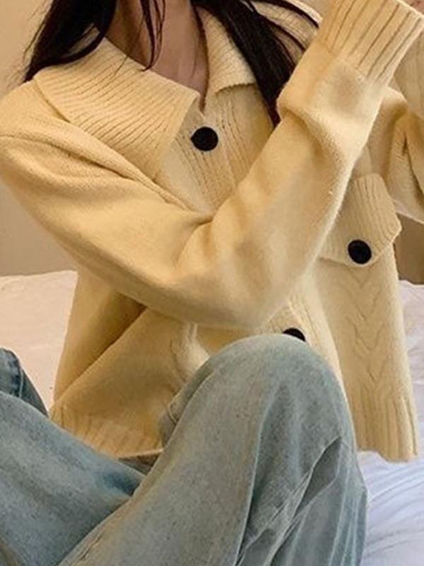 Solid Flap Design Lapel Neck Knit Cardigan Product Image