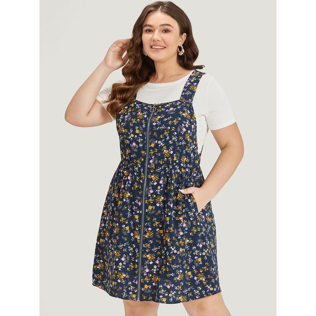 Plus Size Ditsy Floral Pocket Zipper Overall Cami Dress Black Women Casual Zipper Spaghetti Strap Sleeveless Curvy Knee Dress BloomChic 30/6X Product Image