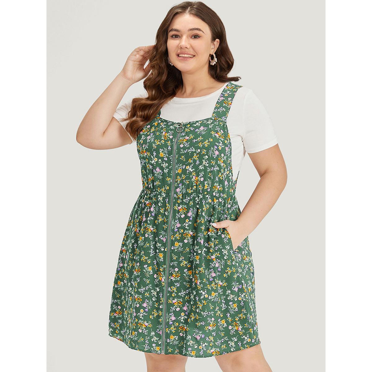Plus Size Ditsy Floral Pocket Zipper Overall Cami Dress Green Women Casual Zipper Spaghetti Strap Sleeveless Curvy Knee Dress BloomChic 10/M Product Image