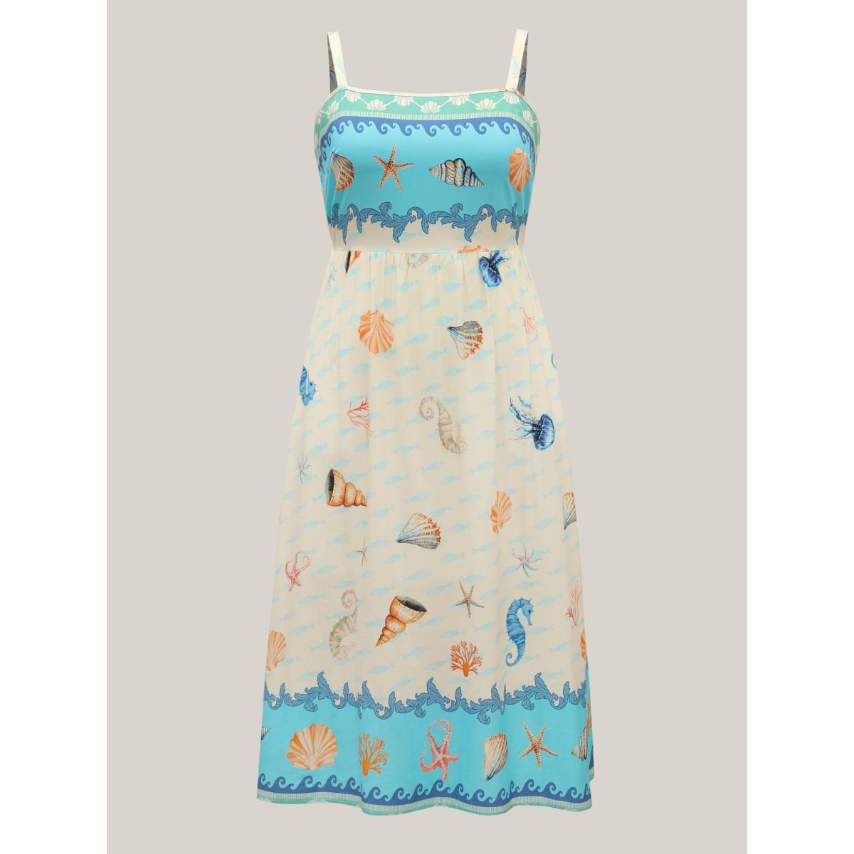 Plus Size Oceanic Print Slit Sleeveless Midi Dress LightBlue Women Square Neck Sleeveless Curvy BloomChic 10/M Product Image