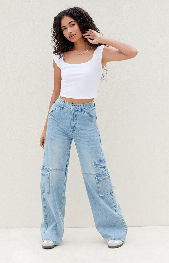 Womens Light Indigo Mid Rise Baggy Cargo Jeans Product Image
