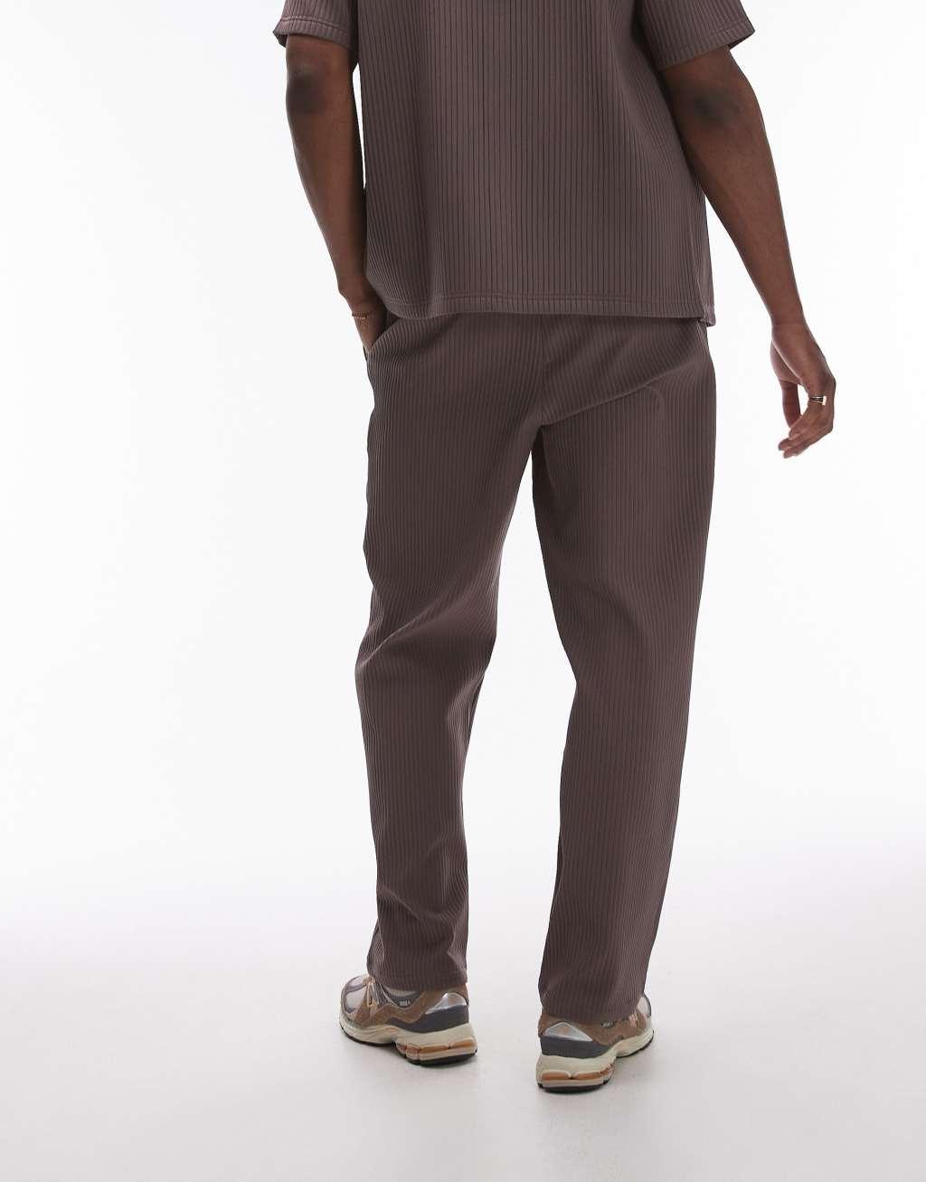 Topman wide leg plisse pants in brown - part of a set Product Image
