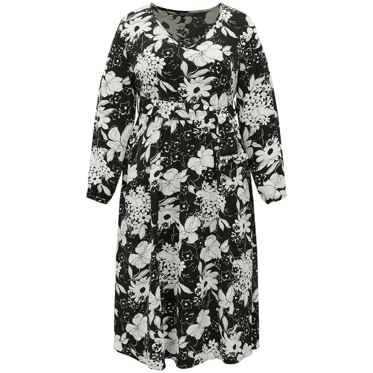 Plus Size Floral Belted V Neck Lantern Sleeve Dress Black Women Casual Elastic cuffs V-neck Long Sleeve Curvy Midi Dress BloomChic 28/5X Product Image