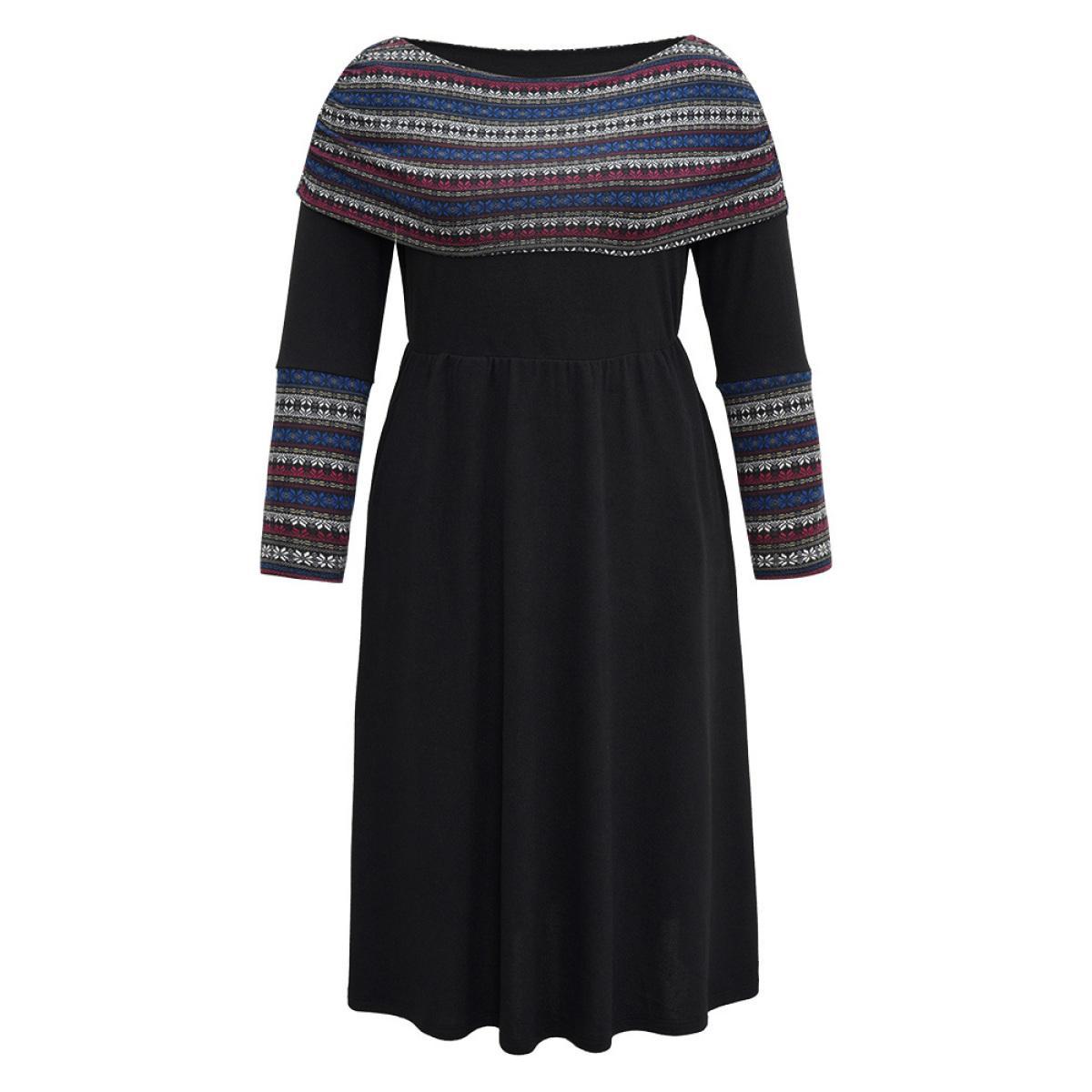 Plus Size Boat Neck Striped Contrast Gathered Dress Black Women Office Gathered Boat Neck Long Sleeve Curvy Midi Dress BloomChic 30/6X Product Image