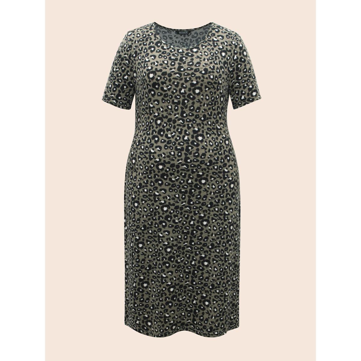 Plus Size Round Neck Leopard Print Midi Dress Sage Women Casual Non Round Neck Short sleeve Curvy BloomChic 28/5X Product Image
