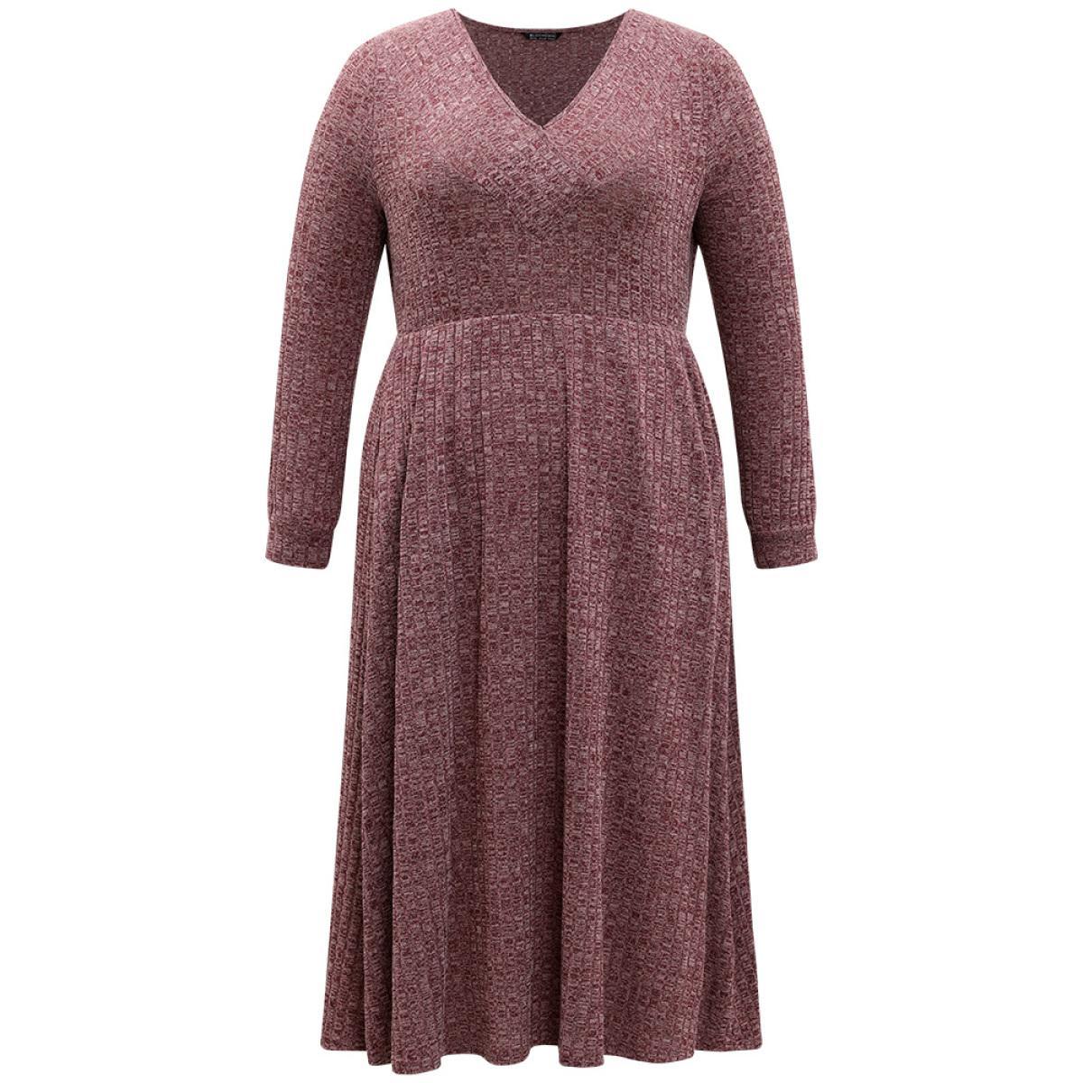 Plus Size Rib Knit Plain Plisse Long Sleeve Dress Purple Women Casual Rib Knit V-neck Long Sleeve Curvy Midi Dress BloomChic 12/L Product Image