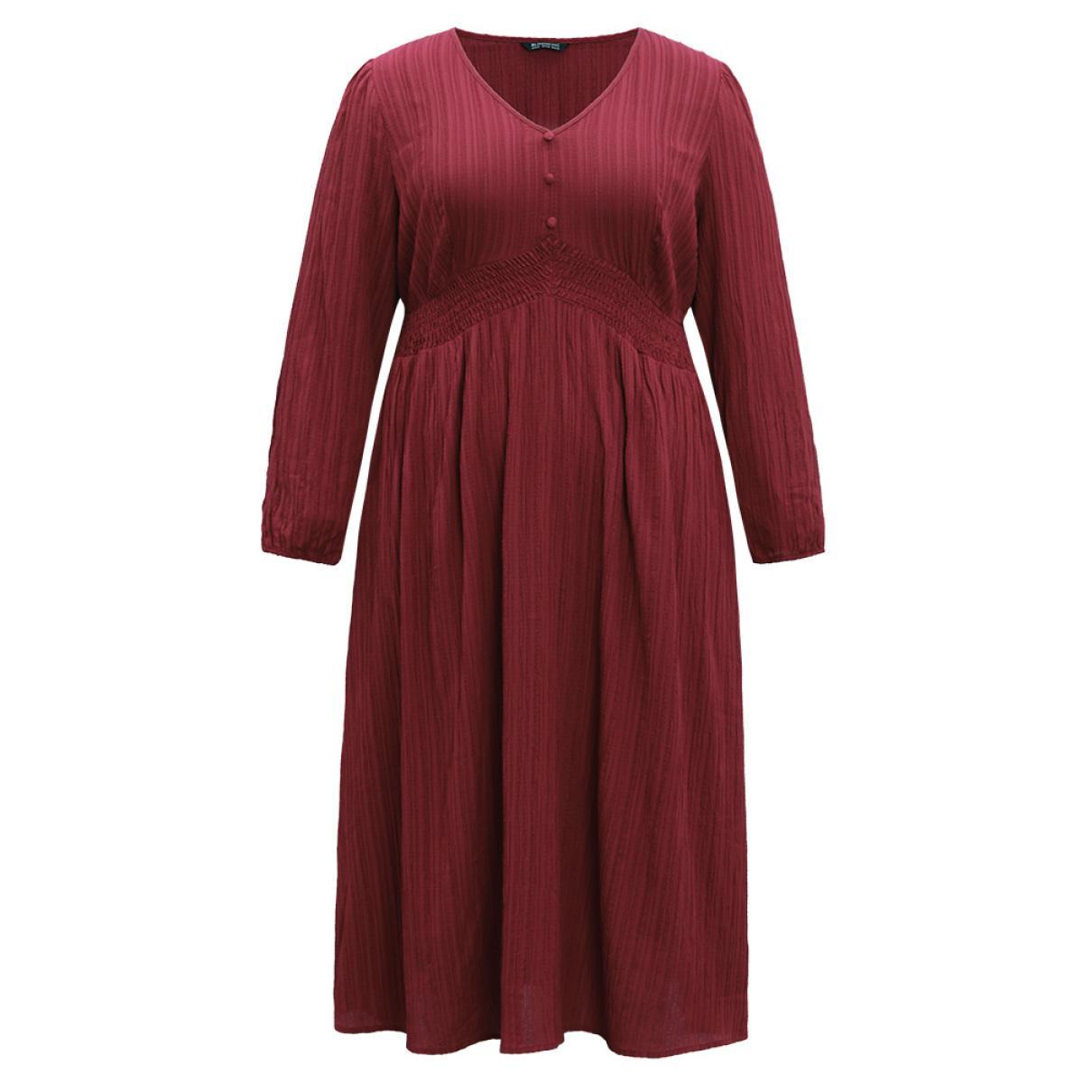 Plus Size Solid Plisse Button Detail Shirred Dress Scarlet Women Elegant Elastic cuffs V-neck Long Sleeve Curvy Midi Dress BloomChic 10/M Product Image