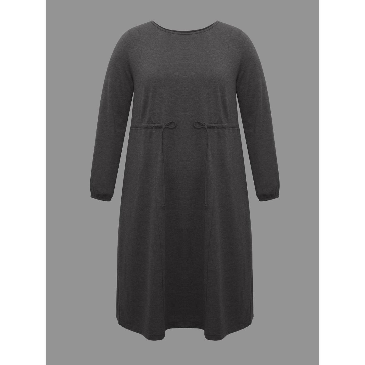 Plus Size Elastic Waist Tie Round Neck Knit Midi Dress DarkGray Women Casual Drawstring Knit Dresses Bloomchic 30/6X Product Image