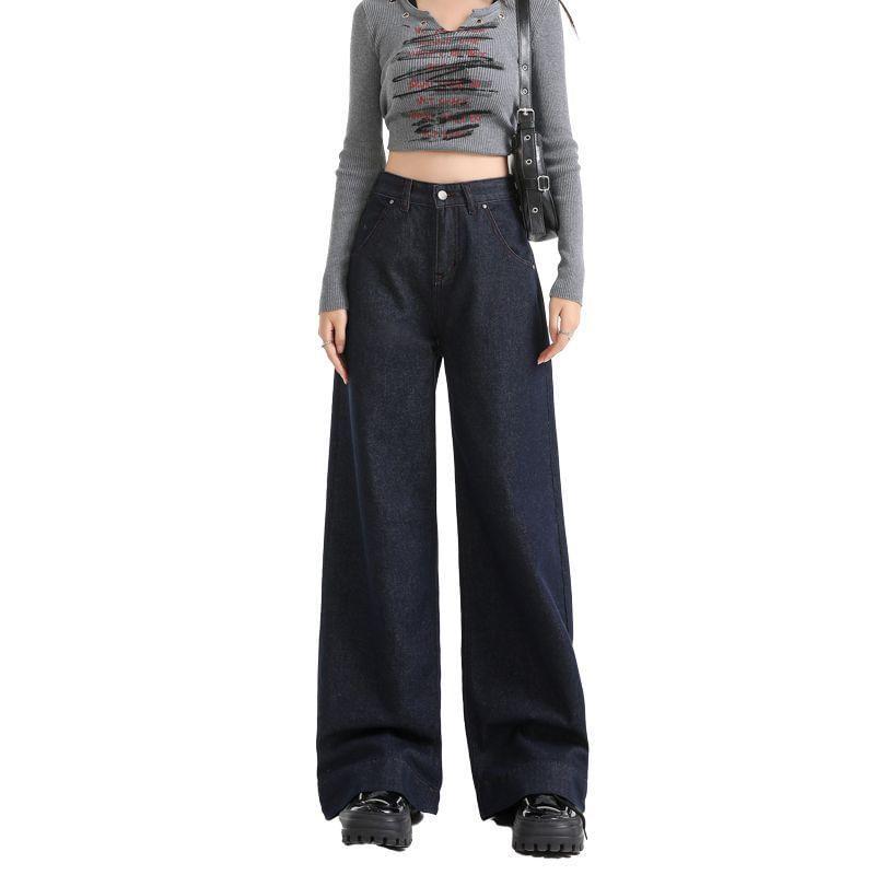 High Waist Unwashed Fleece-Lined Wide Leg Jeans (Various Designs) Product Image