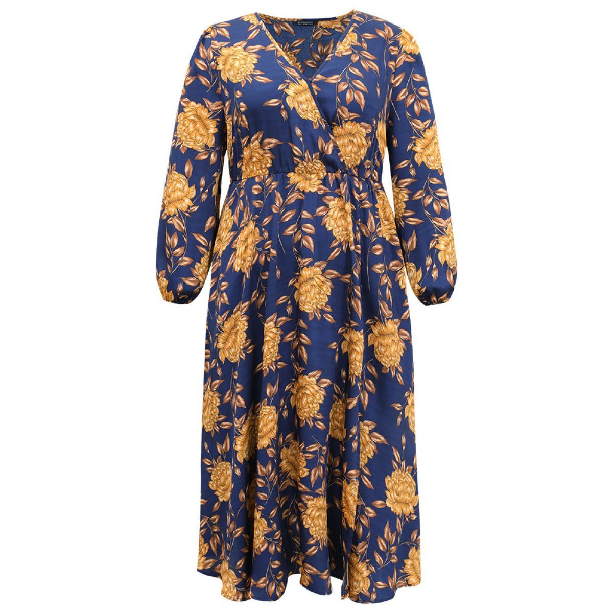 Plus Size Floral Elastic Waist Wrap Split Hem Dress DarkBlue Women Elegant Elastic cuffs Overlap Collar Long Sleeve Curvy Midi Dress BloomChic 26/4X Product Image