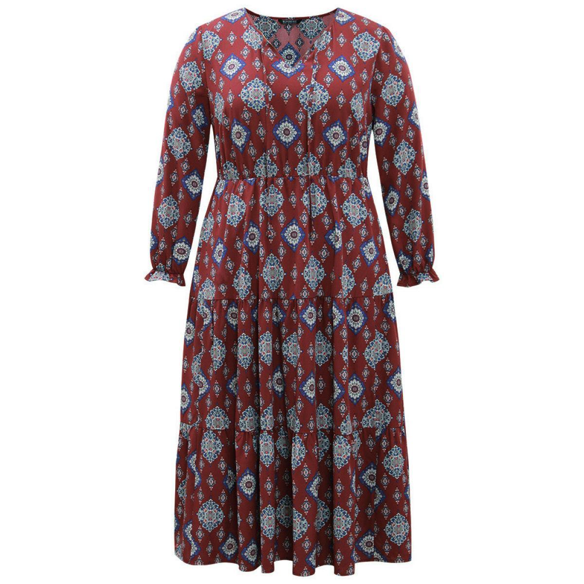 Plus Size Boho Print Knot Neck Pocket Lantern Sleeve Dress Scarlet Women Vacation Cross straps Tie Neck Long Sleeve Curvy Midi Dress BloomChic 22-24/3X Product Image