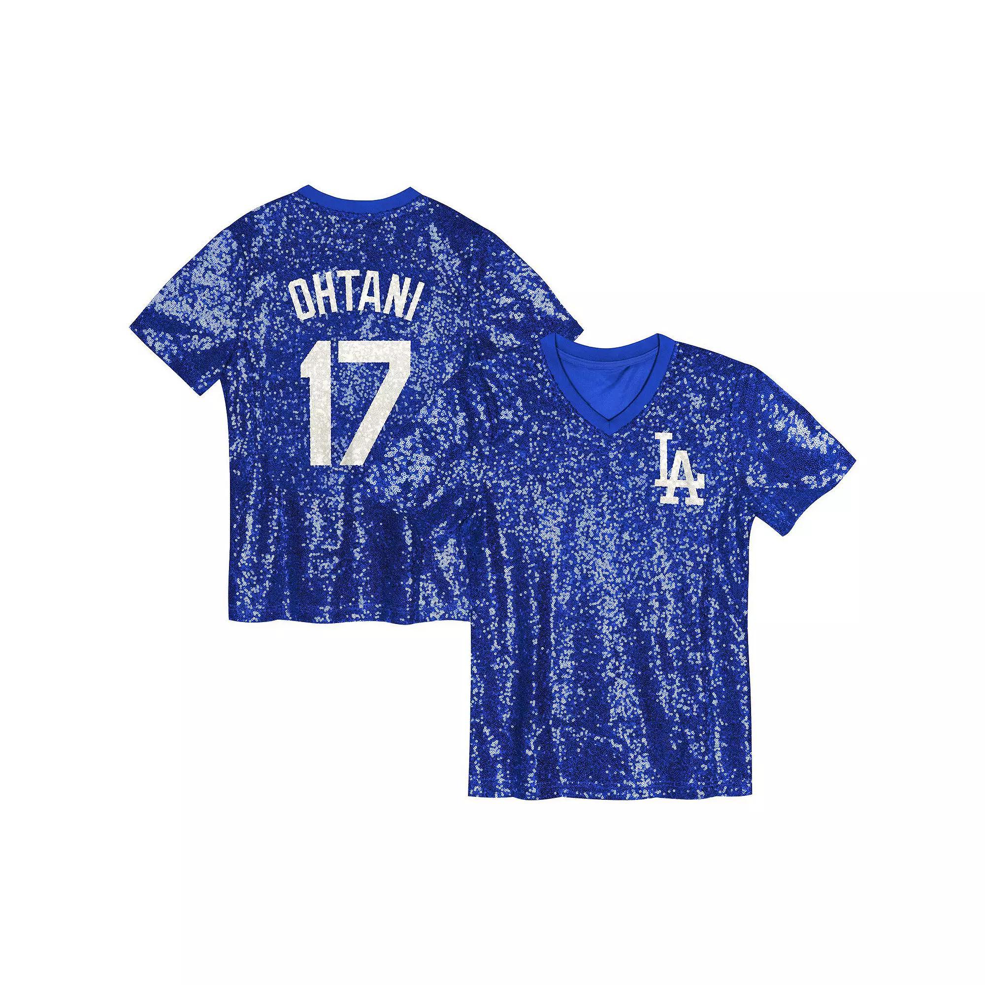 Juniors Shohei Ohtani Royal Los Angeles Dodgers Name & Number Sequin V-Neck Top, Womens Product Image