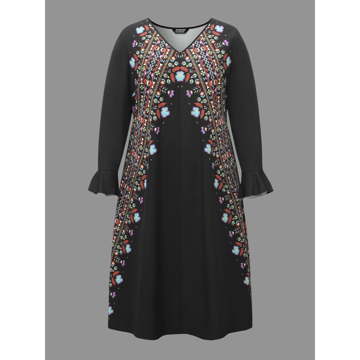 Plus Size Boho Print Ruffle Sleeve Midi Dress Black Women Resort Ruffles V-neck Long Sleeve Curvy BloomChic 26/4X Product Image
