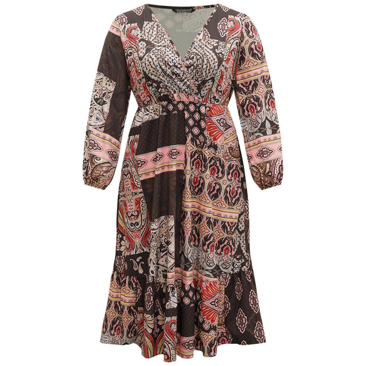 Plus Size Bandana Print Wrap Pocket Lantern Sleeve Dress Multicolor Women Vacation Elastic cuffs V-neck Long Sleeve Curvy Midi Dress BloomChic 10/M Product Image
