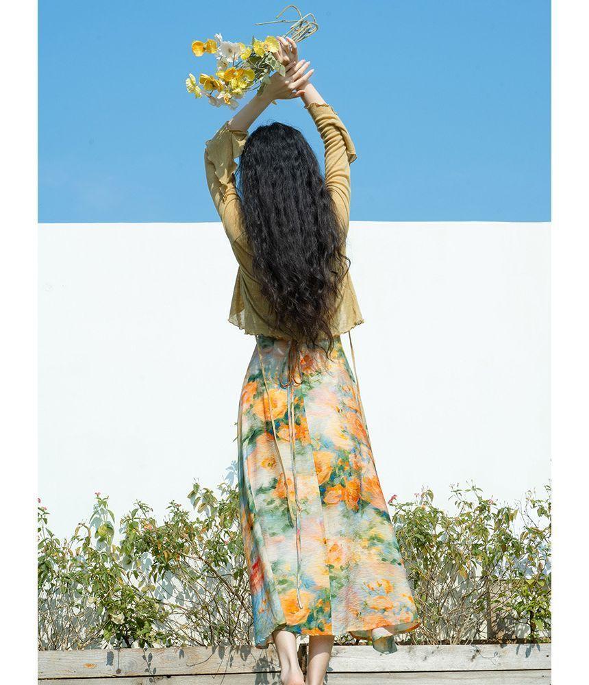 Set: Spaghetti Strap Floral Midi A-Line Dress + Plain Cardigan Product Image