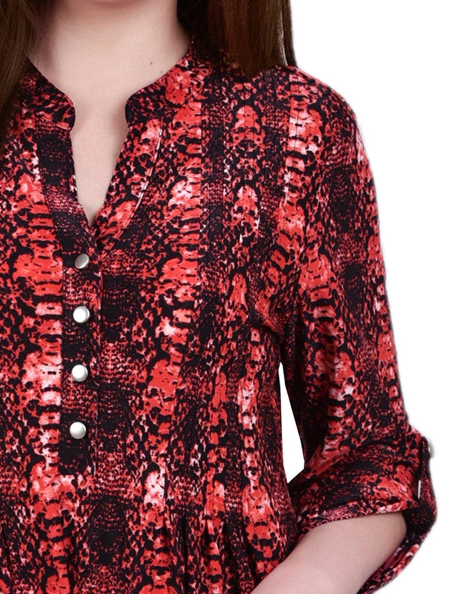 Berry Plaid 3/4 Sleeve Roll Tab Y Neck Top Product Image