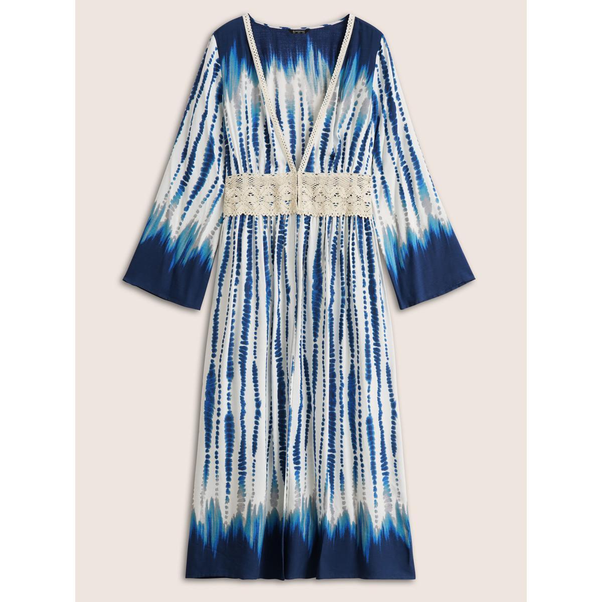 Plus Size Tie Dye Guipure Lace Waist Trim Kimono Women Blue Resort Tie Dye Vacation Kimonos BloomChic 10/M Product Image