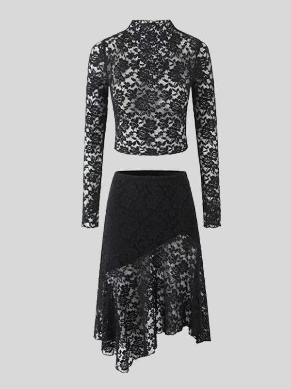 Long Sleeves See-Through Solid Color Mock Neck T-Shirts Tops + Split-Joint Asymmetric High Waisted Skirts Bottom Two Pieces Set Product Image