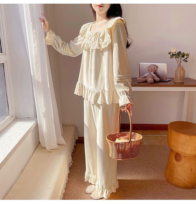 Pajama Set: Long Sleeve Square Neck Plain Ruffle Top + Straight Leg Pants Product Image