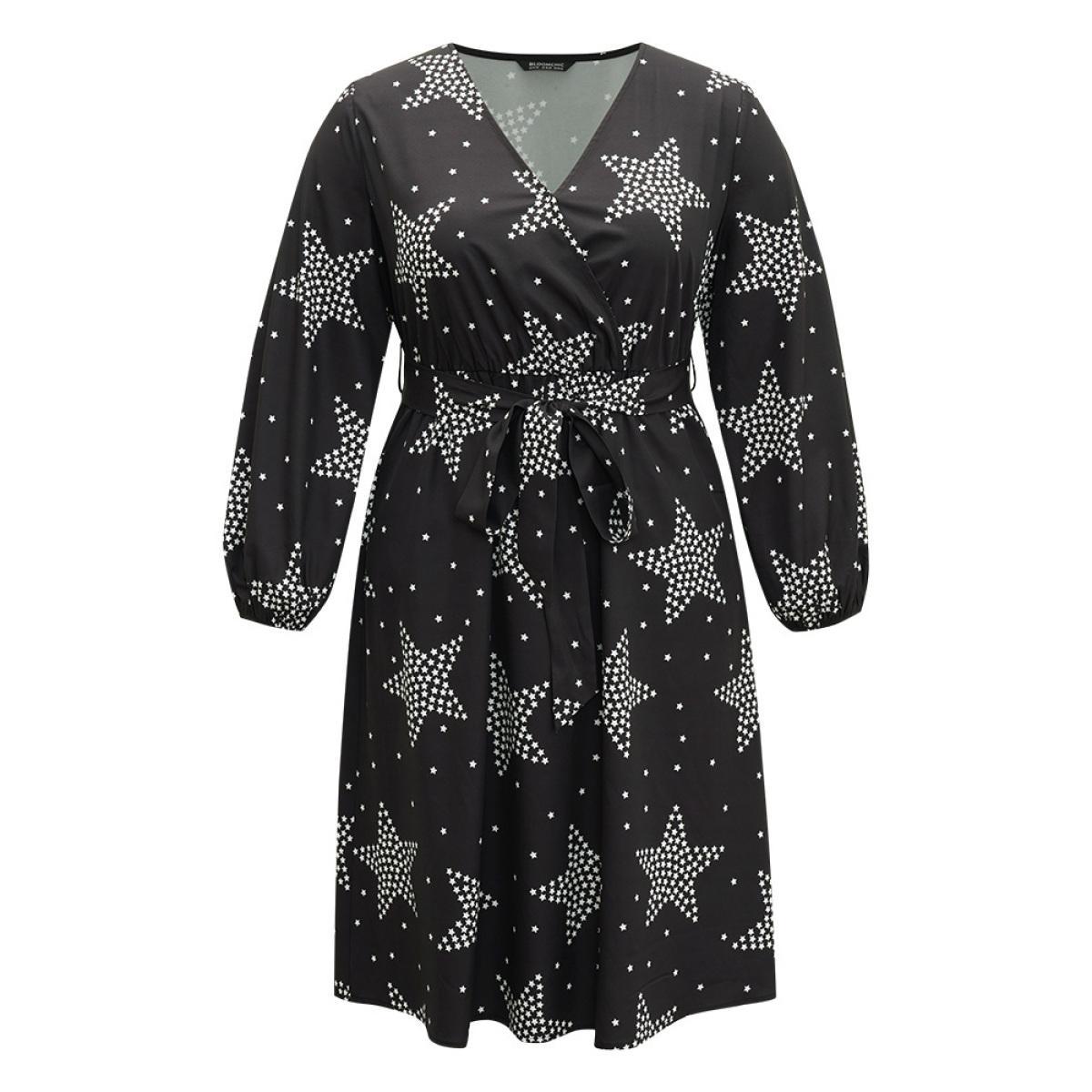 Plus Size Star Print Wrap Belted Lantern Sleeve Dress Black Women Casual Elastic cuffs V-neck Long Sleeve Curvy Midi Dress BloomChic 12/L Product Image